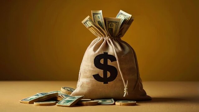 This is a cartoon video of a full money bag with a dollar sign on it. The bag is sitting on a table with some money next to it.