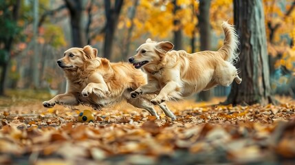Two Golden Retrievers Running Joyfully Through A Leaf-Covered Park, Chasing A Yellow Ball,