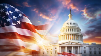 A large American flag is flying in front of the United States Capitol building, 4th July Independence Day USA concept