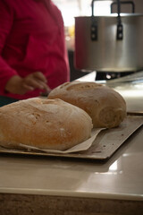 female hand with freshly baked sourdough bread