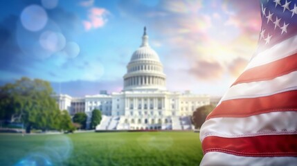 The flag is waving in the wind, and the scene is set against a blue sky, 4th July Independence Day USA concept