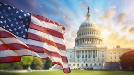 A large American flag is flying in front of the United States Capitol building, 4th July Independence Day USA concept