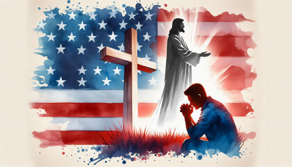 A painting of a man kneels in prayer before a cross and Jesus, with the American flag in the background. Sacred Symbols of America. Faith and patriotism
