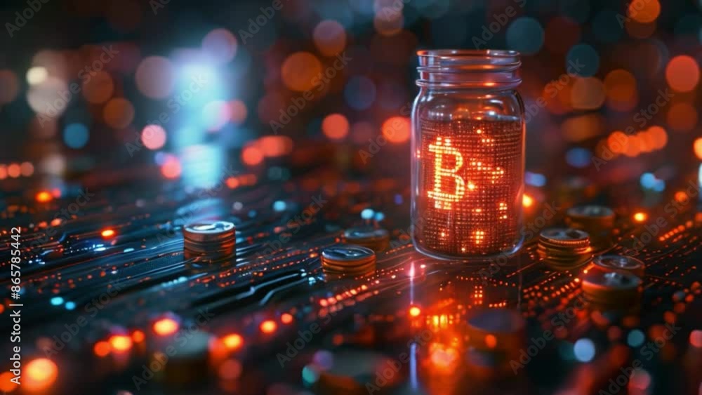 Poster this glowing bitcoin symbol is inside a glass jar on a circuit board with other coins.