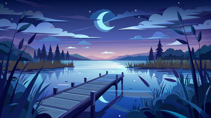 night landscape with moon and lake