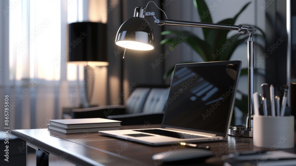 Aufkleber a desk with a laptop and a lamp on it. generate ai image