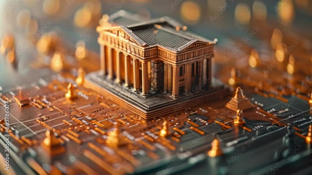 Poster this mini classical building on circuit board symbolizes finances digital shift.