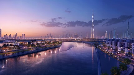 Expansive view of the new Dubai Canal project at dusk
