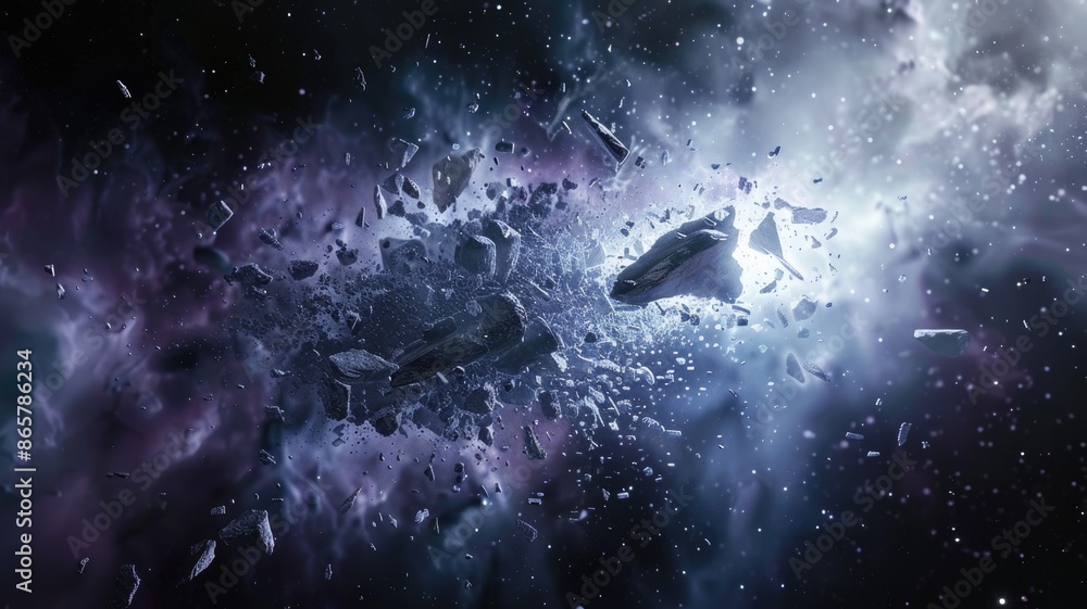 Poster abstract digital art explosion with debris and particles on a dark background. digital art of the ex