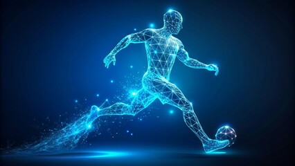 Stylized low-poly neon wireframe geometric footballer formed from particles on blue background with isolated layers for customization.