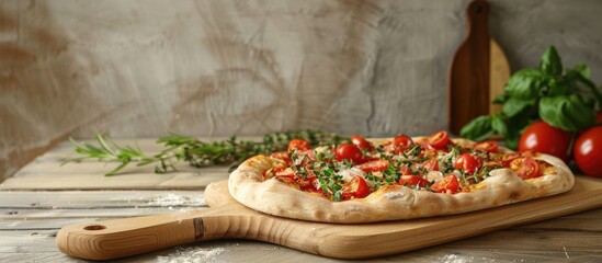 Pizza or bread cutting board on wooden table against grey wall. Culinary concept with copy space on wood background. Front view.