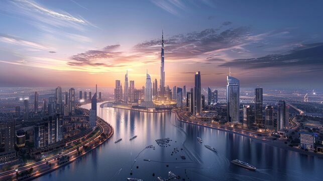 Expansive view of the new Dubai Canal project at dusk