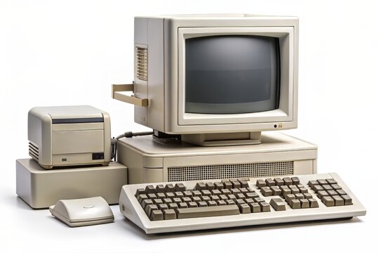Retro technology setup on a white background featuring a vintage system unit, floppy disk drive, bulky CRT monitor, dot matrix printer, and classic keyboard.