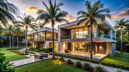 Obraz premium Luxurious mansion with sleek modern architecture surrounded by lush greenery and towering palm trees in a serene tranquil atmosphere.