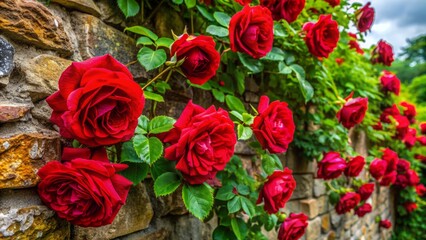 Fototapeta premium Vibrant, velvety red climbing rose blooms cascade down rustic stone wall, surrounded by lush green foliage and morning dew drops.
