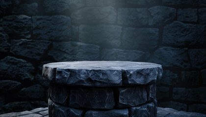 Fototapeta premium Old crypt podium with crumbling stones and eerie ambiance, Halloween blank podium, ancient and spooky