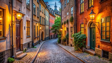Fototapeta premium Quaint cobblestone alleys lined with centuries-old brick buildings, ornate lanterns, and rustic wooden doors in historic Stockholm old town.