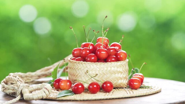 Red Cherry fruit in bamboo basket on on green bokeh background, Japanese Red highest variety of cherries on wooden table in the garden.