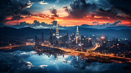A city skyline with a red and orange sunset in the background.