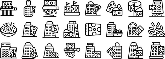 Grated cheese icons set. Different types of cheese graters grating cheese to prepare delicious dishes