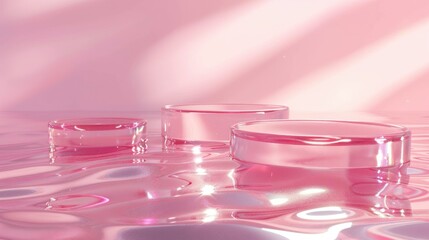 Empty glass podiums on pink water surface with sunlight Abstract background for product presentation Cosmetic mockup with space