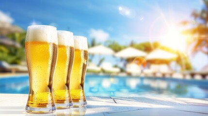 Three tall glasses of beer are sitting on a table by a pool