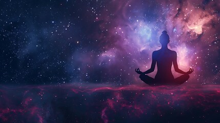 Radiant spiritual awakening serene silhouette meditating against a vibrant cosmic background, embodying peace and mindfulness within the vast universe. Ideal for spiritual themes.