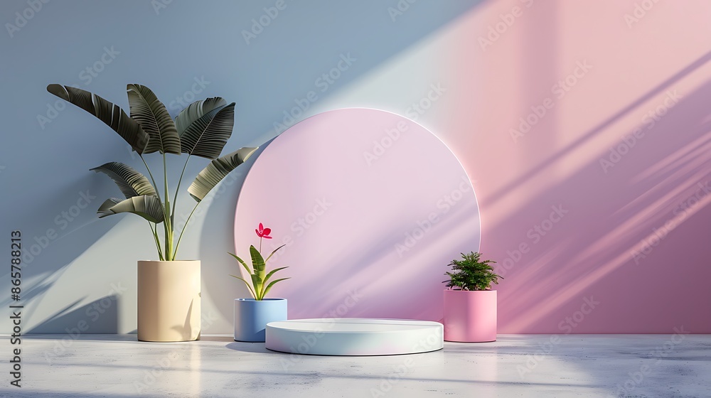 Poster a minimalist stage design style background with three podiums placed in front of an oversized pastel