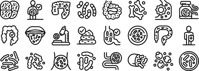 lactobacilli icons set. Line icons representing a doctor analyzing dysbiosis, gut microbiome and probiotics