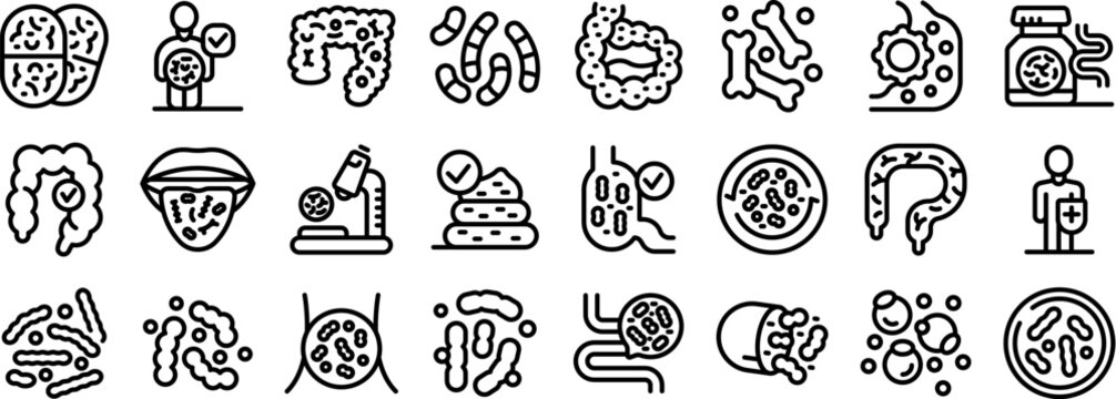 lactobacilli icons set. Line icons representing a doctor analyzing dysbiosis, gut microbiome and probiotics