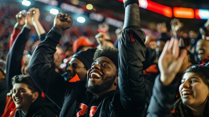 Fans cheering wildly in the stands at a high-stakes football game