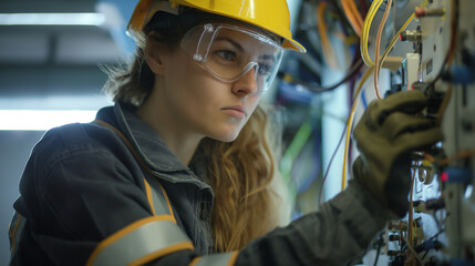 Female commercial electrician at work on a fuse box, adorned in safety gear, demonstrating professionalism