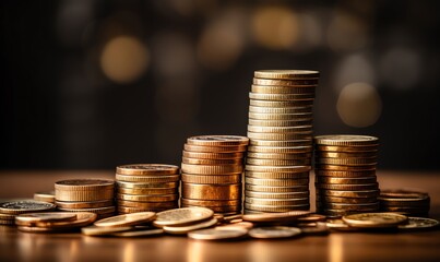 Golden Coin Stacks on Wooden Surface
