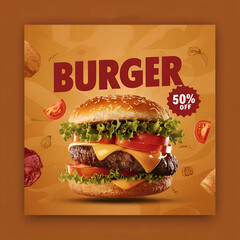 Burger 50% off social media poster design