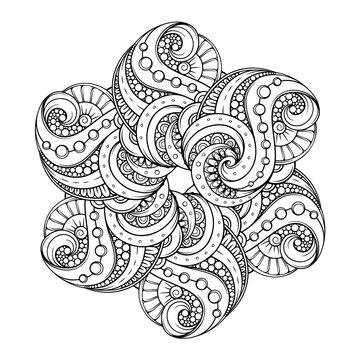 This intricate star shape mandala design showcases abstract swirls, and dots patterns in a striking black and white color scheme, perfect for an antistress coloring books