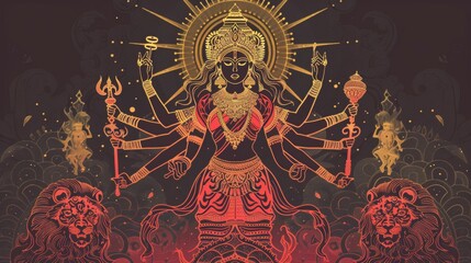 A woman with a crown and a lion on her right side, Indian god in Hinduism in India