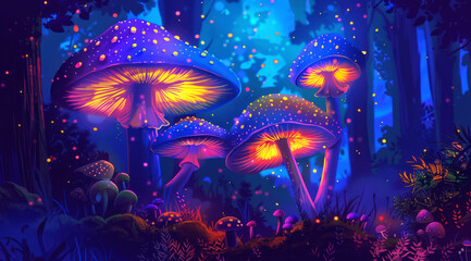 Fototapeta premium illustration colorful and vibrant mushroom in the forest