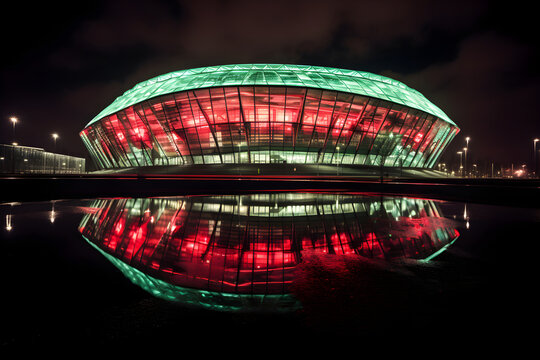 Illuminated night view of Ajax Stadium: A marvel of modern architecture and historic football significance