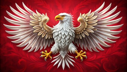 Obraz premium Majestic white eagle with outstretched wings and regal demeanor emblazoned on a vibrant crimson background, symbolizing national pride.