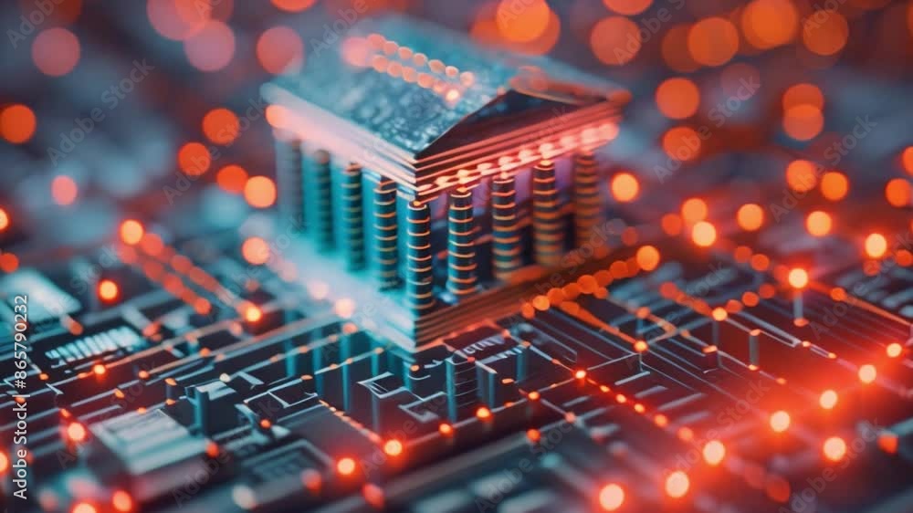 Leinwandbilder this 3d model of a classical building on a circuit board with glowing lights.