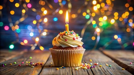 Vibrant, golden-lit five-candle birthday cupcake sits alone on a rustic wooden table, surrounded by colorful confetti and soft focus background.