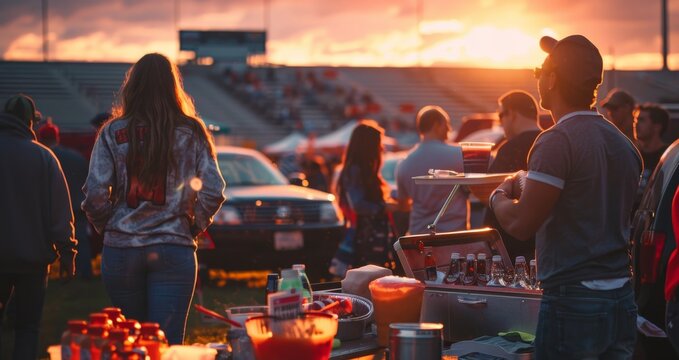 Fans tailgating in a stadium parking lot before a big football game
