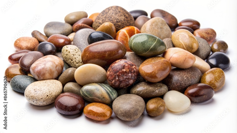 Sticker close-up of assorted rounded pebbles in varied earthy tones scattered randomly on a pristine white s