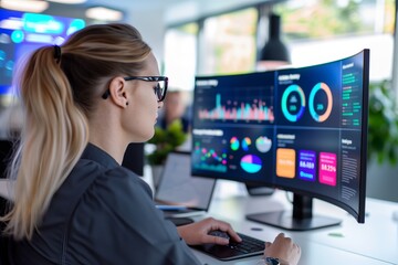 Female Professional on Sleek Desk with Large Curved Monitor Displaying AI-powered Data Dashboard in Modern Office