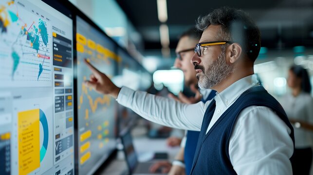 Diverse team of data analysts and business professionals collaborating around interactive touchscreen monitor with AI-generated insights