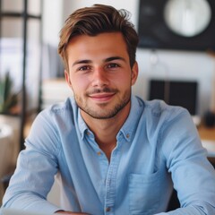 Obraz premium Portrait of a successful and confident young man in a blue shirt sitting in the office at a desk, working on a laptop and smiling at the camera 