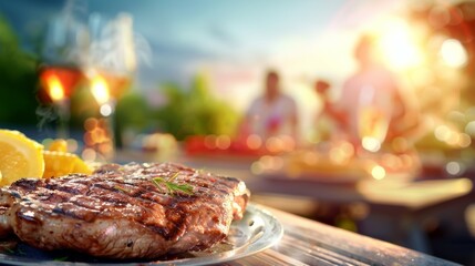 A plate of steak and corn is on a table with a group of people, holiday with family and friends concept