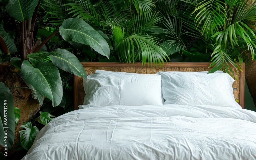 Wall mural white bed in tropical greenery.