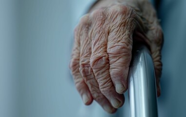 Fototapeta premium Close-up of Elderly Hand Holding Railing.
