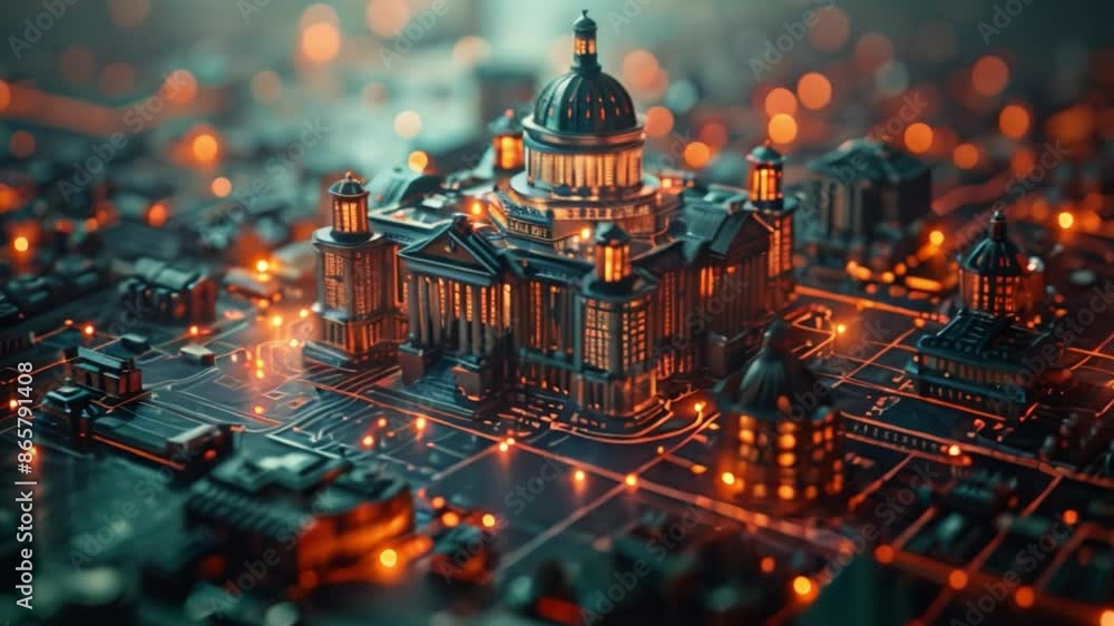 Poster this miniature model of a large bank with glowing lights set against a circuit board background.